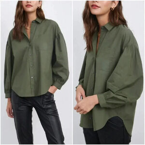 RAILS, Janae Olive Green Button Blouson Sleeve Oversized Shirt Top Size Small